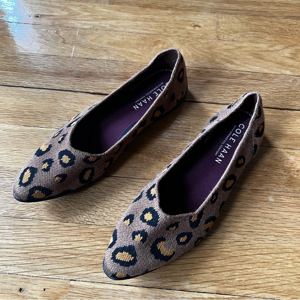 Cole Brown Leopard Print Textured Springfeel Stichlite Skimmer Ballet Flats